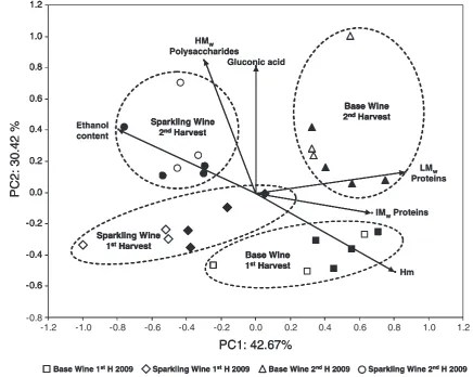 Figure 3. Plot of varimax-rotated principal components analysis for base and sparkling wines.