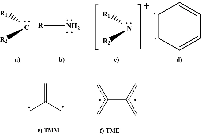Figura 3.1 d) 1,2-didehidroareno,  Representación de algunos radicales: a) carbeno, b) nitreno, c) ión nitreno, e) TMM y f) TME