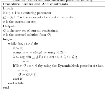 Table 6.2: Center and add constrains procedure for SIQP