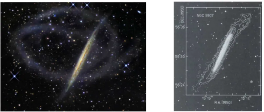 Figure 1.2: Warped galaxy NGC 5907 and its HI warp as observed by Sancisi (1976) with the Westerbork Synthesis Radio Telescope.