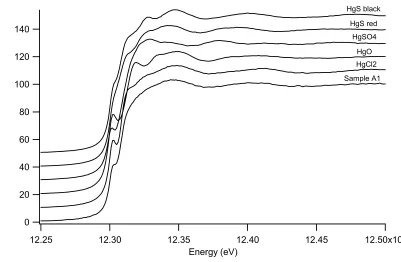 Figure 3.5 Comparison of XANES spectra (corrected and normalized) of different Hg standards and ore nº1 from Almadén