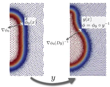 Figure 3.7: Main ideas behind the Lagrangian phase-ﬁeld formulation. The back-ground medium containing the viscous ﬂuid and the smeared interface is rearrangedis discretized in terms of particle positions, indicated with colored circles, and thephase-ﬁeld 