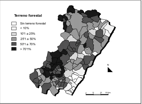 FIGURA 60. Distribución del terreno forestal en la provincia de Castelló, 1993
