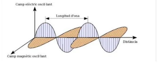 Figura 5.9. Representació d'una ona electromagnètica, on s'observa la perpendicularitat entre els camps 