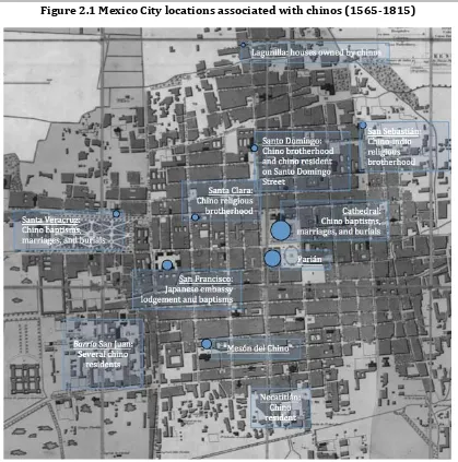 Figure 2.1 Mexico City locations associated with chinos (1565-1815) 