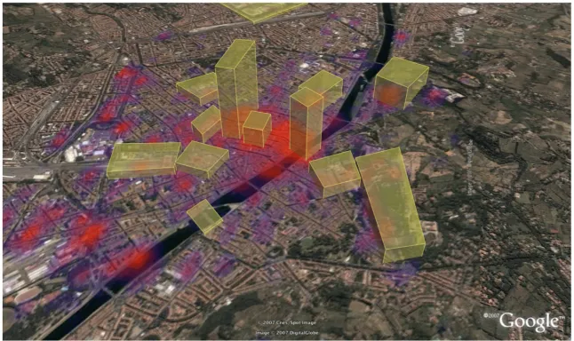 Figure 4. Presence of tourists in the main areas of interest in downtown Florence. The visualization shows areas of activity (i.e