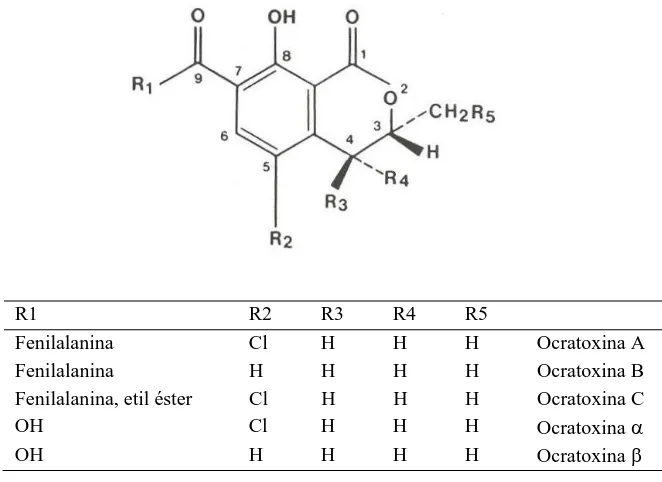 Fig.1 Estructura química de las diferentes ocratoxinas (115).  