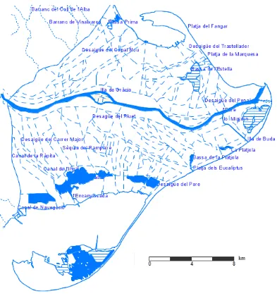 Figure 3. Map of the Ebro Delta plain showing the irrigation canals network, the river and the coastal lagoons