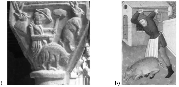 Figura 1. Gravats on consta l’atordiment dels animals previ al sacrifici. (a) Capitell del claustre de Santa Maria de l’Estany (L’estany, Bages, Catalunya) (b) Den medeltida kokboken, Llibre de cuina medieval, Maggie Black, 1993 