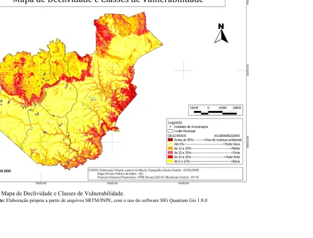 Figura 159. Mapa de Declividade e Classes de Vulnerabilidade. Fonte: Elaboração própria a partir de arquivos SRTM/INPE, com o uso do software SIG Quantum Gis 1.8.0 