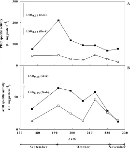 Figure 6. Pyruvate decarboxylase (top) and alcohol dehydrogenase (bottom) specific activities in skin (■) and flesh (□) of ‘Pink Lady’ apples at different sampling dates