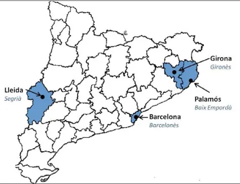 Figura 1. Mapa de comarcas de Catalunya, en el que se destacan las ciudades y comarcas incluidas en el estudio