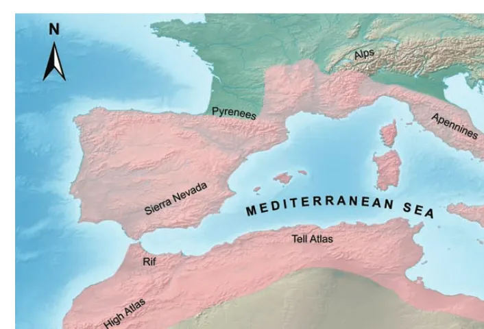 Figure 
  4 
  An 
  approximate 
  delimitation 
  (pink 
  shade) 
  of 
  the 
  western 
  Mediterranean 
  basin, 
  based 
  on 
  the 
  delineation 
  made 
  by 
  Blondel 
  et 
  al