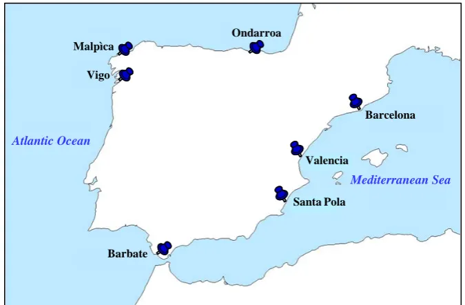 Figure 3.2. Map of Spain indicating the sampling localities.  