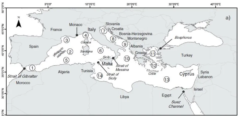 Figure 1.1. Outlined boundaries of the biogeographic sectors in the Mediterranean. 1: Alboran Sea; 2: Balearic 