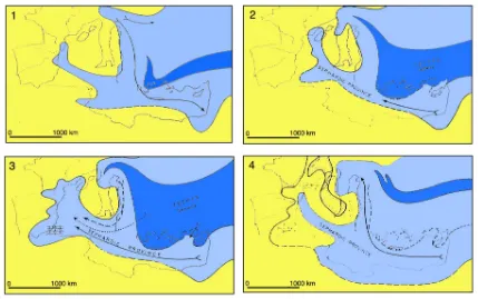 Figura 1.1) Reconstrucción del Tethys durante:1) Anisiense Superior 2) Ladiniense Inferior 3) Ladiniense Superior 4) Carniense Inferior