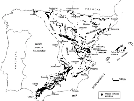 Figura 3.1 - Dominios del Triásico marino en la Península Ibérica. Modiicado de López-Gómez et al
