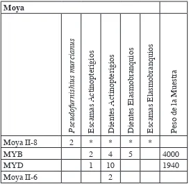 Tabla 3.13 - Contenido fosilífero de las muestras de la sección Moya