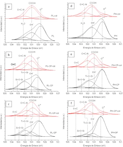 Figure 3.11: Espectros de alta resolución del pico de O1s antes y después de la inmovilización de colágeno