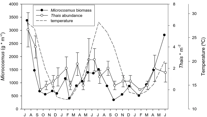 Figure 6. Mean biomass of Microcosmus squamiger, number of Thais haemastoma and 