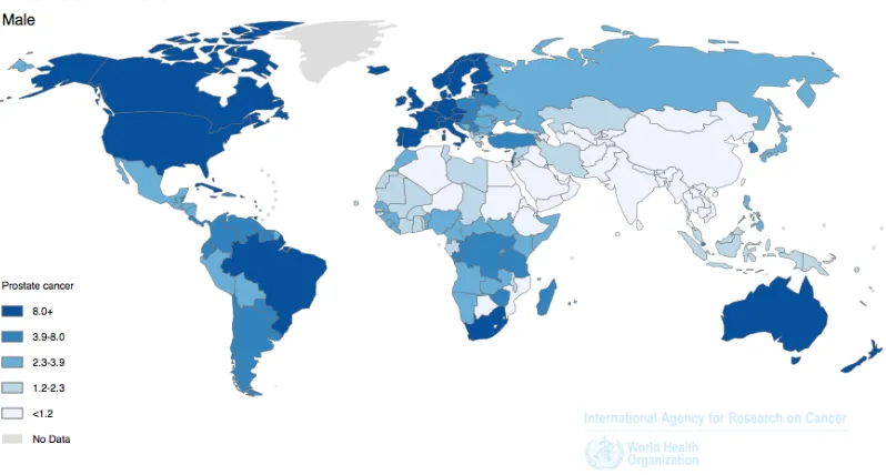 Figura 24. Mortalidad del cáncer de próstata por cada 100000 varones según los últimos registros mundiales del Globocan (2012)