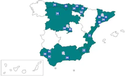 Figure 4.1 Participating centers and hospitals in the MCC-Spain study highlighted in green