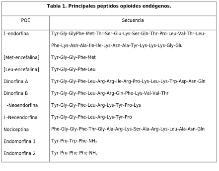 Tabla 1. Principales péptidos opioides endógenos. 