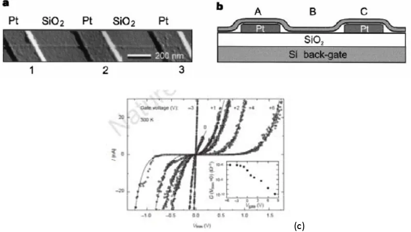 Fig. goldtemperature1.2. (a) AFM image and (b) Schematic of the first CNTFETs with a semiconducting SWNT lying over two   electrodes.  (c)  I–Vbias curves  for  various values  of  the  gate  voltage  (Vgate).  Data  were  taken at  room  and in vacuum (10‐4 mbar), with the voltage applied to contacts 1 (drain) and 2 (source). Inset, conductance at Vbias = 0 as a function of Vgate. Adapted from (4). 