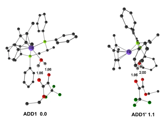 Figure 2.4 M06 optimized structures of two possible structures for adduct between metal 