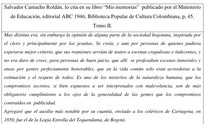 Cuadro N° 5.  Fragmento del texto de Salvador Camacho Roldán “Mis Memorias” 