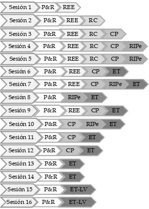 Figura 9. Distribución de los módulos del protocolo de tratamiento PEDIMET-FT por sesión