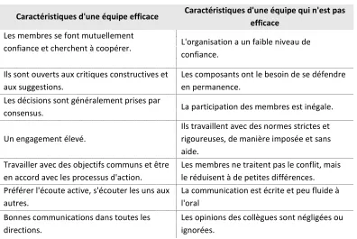 Tableau 4.  Equipe efficace et non-efficace 