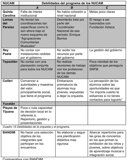 Cuadro 15 Debilidades de la orquesta y el programa. 