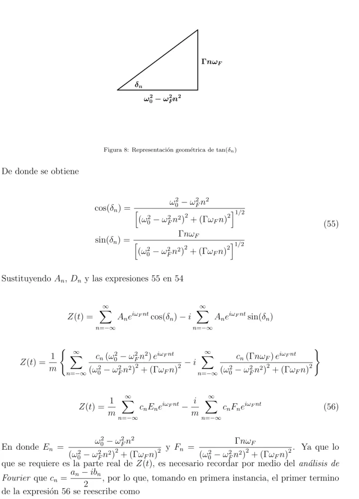 Figura 8: Representaci´ on geom´ etrica de tan(δ n ) De donde se obtiene cos(δ n ) = ω 0 2 − ω 2 F n 2 h (ω 0 2 − ω 2 F n 2 ) 2 + (Γω F n) 2 i 1/2 sin(δ n ) = Γnω F h (ω 0 2 − ω 2 F n 2 ) 2 + (Γω F n) 2 i 1/2 (55)