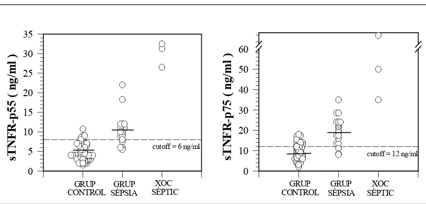 Figura 4.6. Gràfic de l’excés molar dels sTNFR respecte del TNF-α en cadascun dels grups de pacients