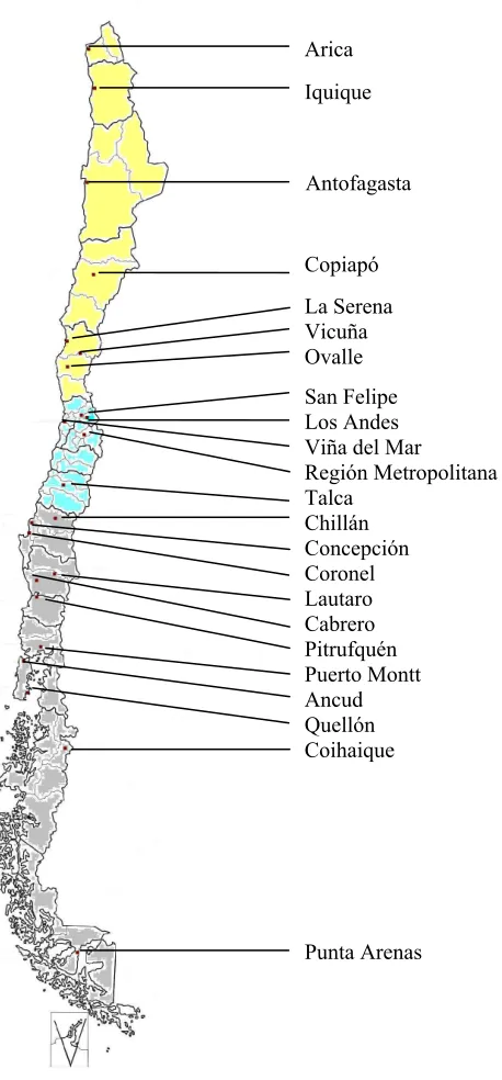 Figura 4. Mapa de Chile por zona dialectal y sitios analizados.  La zona amarilla corresponde al Norte, la celeste al Centro  y la gris al Sur