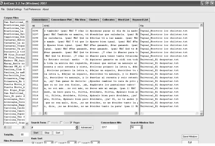 Figura 5. Programa Antconc. Imagen de búsqueda de la flexión  –ai. 