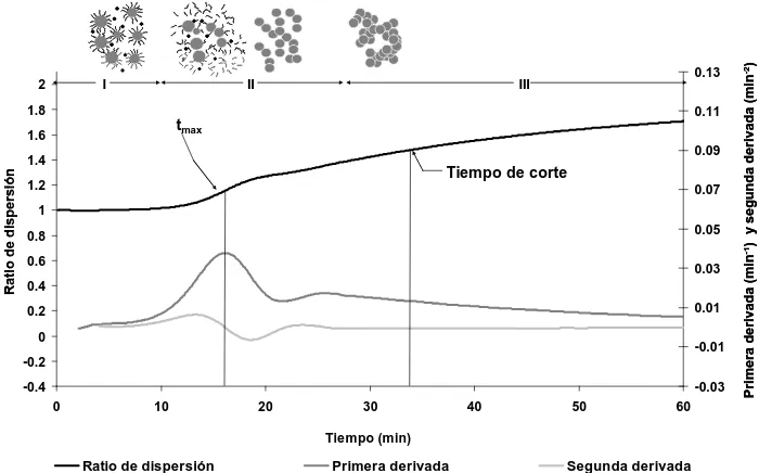 Figura 11. Perfil de dispersión durante la coagulación de leche de cabra y su primera y  segunda derivadas según CASTILLO et al