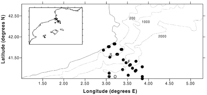 Fig. 1. Map showing the study area, with the position of the stations sampled and that of the stations S (shelf), F (front), and O (Oceanic) studiedin greater detail.