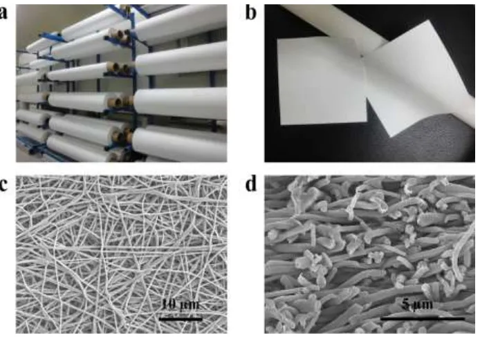 Figura 6 (a) Fabricació de mat de nanofibres de PVDF fent servir l’electrospinning com a procés industrial (b) mat de nanofibres de PVDF de 6 cm × 8 cm per Western blotting