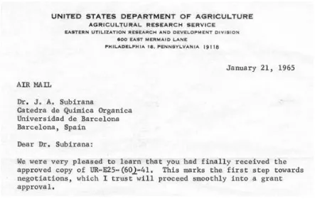 Figura 11: Fragment de carta del departament d’agricultura dels EUA a Subirana, 21 de juny de 1965, sobre la petició de finançament