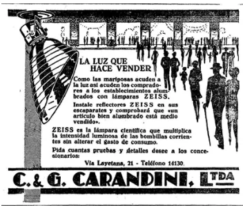 Figura 3.3. Anunci de la botiga d’il·luminació C. & G. Carandini, Ltda.  El comerç era un dels principals destinataris de les campanyes dels luminotècnics