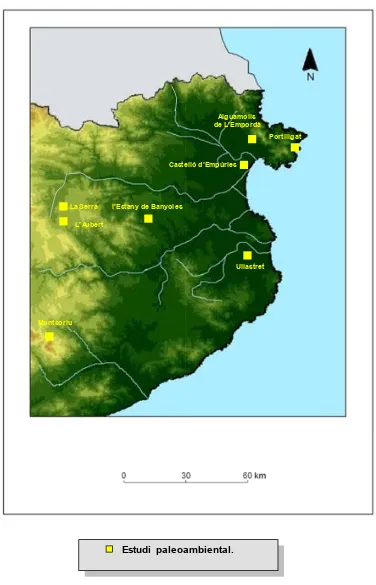 Figura 13: situació dels jaciments i de les zones dels nord-est de Catalunya on s’han realitzat estudis 