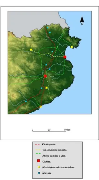 Figura 14: situació de les principals vies i camins del nord-est de Catalunya  en època romana