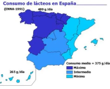 Figura 2.1. Consumo medio de productos lácteos en España por regiones (1991). 