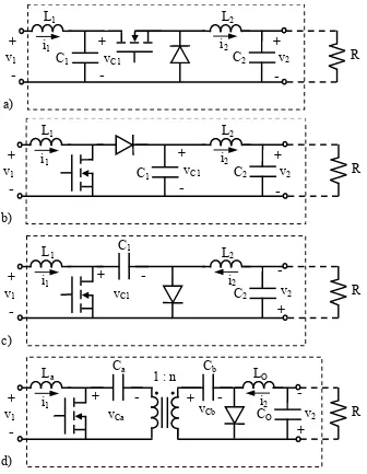 Fig. 2.6  Fourth order converters with non-pulsating input and output currents a) buck converter with input filter b) boost converter with output filter c) Cuk converter d) Cuk  converter with galvanic isolation  