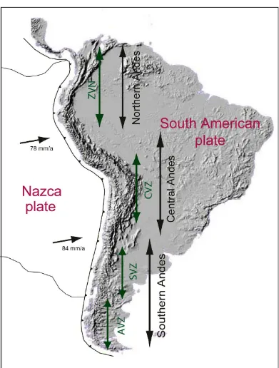 Figure�2.1�Schematic�map�of�South�America�and�the�Pacific�Ocean�plate�(Nazca�plate)�showing�the�four�volcanically�active�segments�in�the�Andes.�Modified�after�Polanco,�2010.�