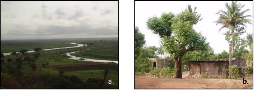 Figura 5. Àrea d’estudi: a. Plana del riu Inkomati; b. Conglomerat de cases al districte de Manhiça 