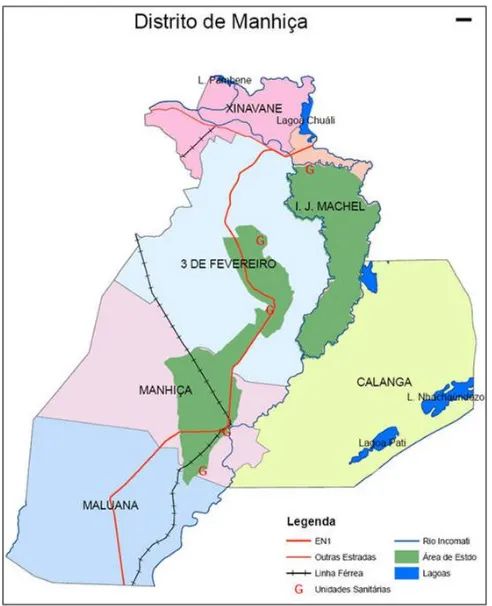 Figura 7. Mapa del districte de Manhiça. La zones marcades en verd correspon a l’àrea sota vigilància 
