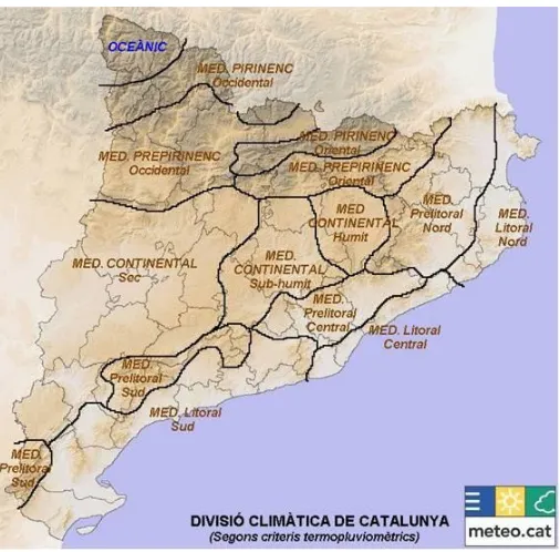 Figura 1. Divisió climàtica de Catalunya segons l'Atles Nacional de Catalunya (ICGC 2009)